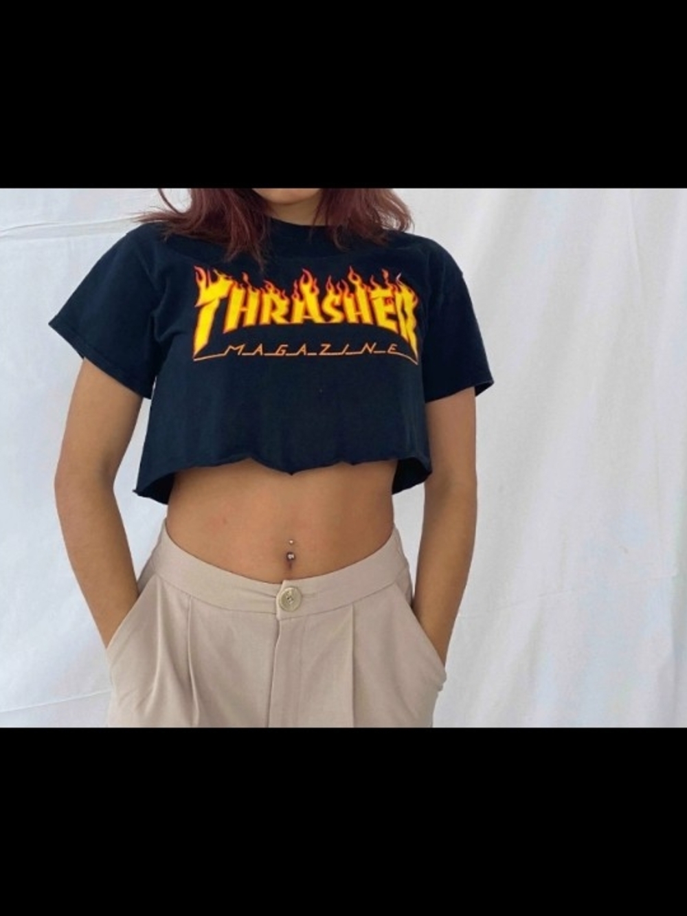 Thrasher Women's Black Cropped Tee with Yellow-Orange Flame Logo - Picture 7 of 7